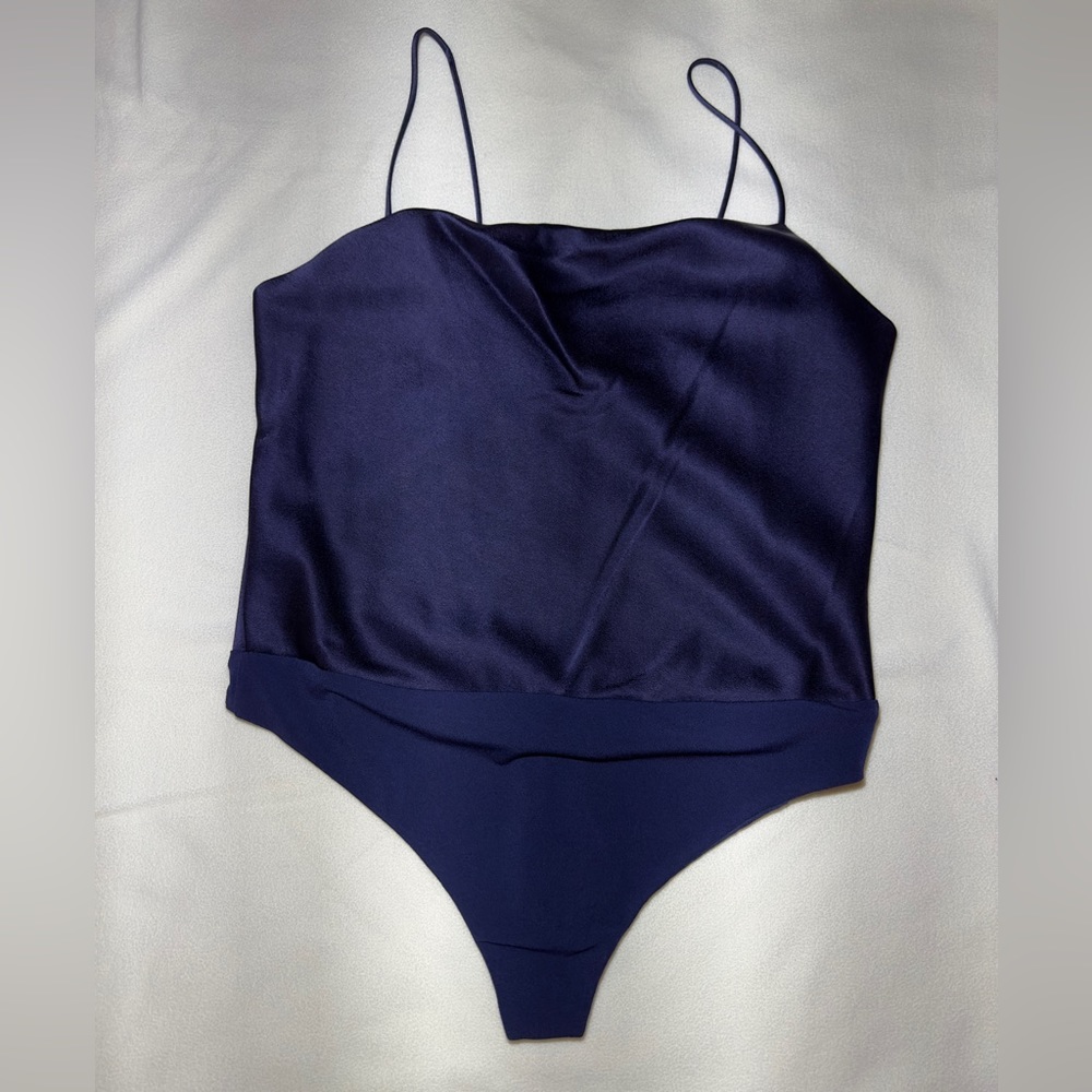 Alice and Olivia, Harmon Satin Bodysuit, Medium Size, Navy Blue Color